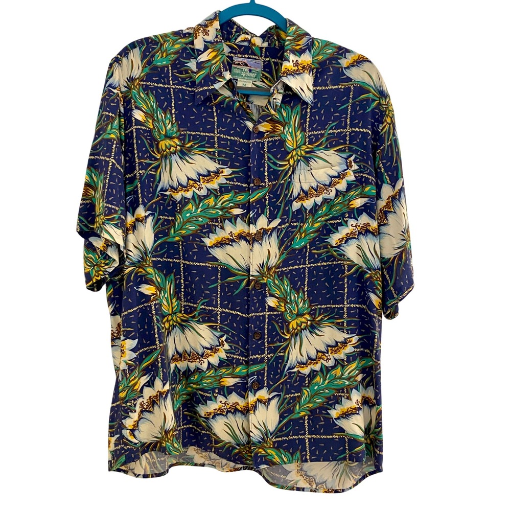 Reyn Spooner Hawaiian Surfer Fishing Shirt Navy‎ Blue Aloha Protea Floral Medium